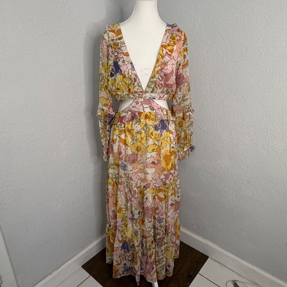 Neon Rose Retro Floral Cutout Maxi Dress Yellow Pink 70s Style Boho Small